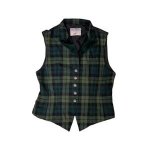 Mondi Vest Vintage 1980s Green Plaid, Silver Buttons, Velour Wool Detailing